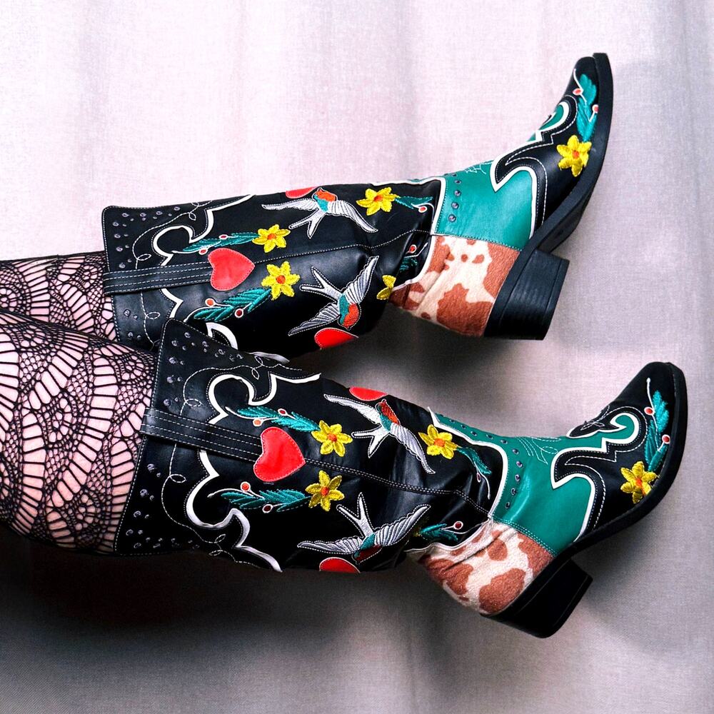 Embroidered Western Cowboy Boots, Teal Black Leather, Handmade in Mexico